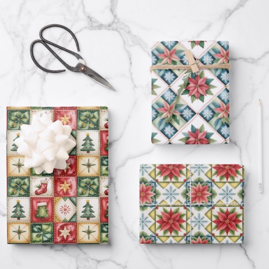 Kerstmis Rood en Groen Klassiek Patchwork Patroon Inpakpapier Vel (Voorkant)