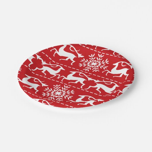 Kerstmis: rood en wit feestpatroon papieren bordje (Gekanteld)