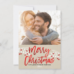 Kerstmis Rood Folie Modern Schrift Tak Foto Feestdagenkaart