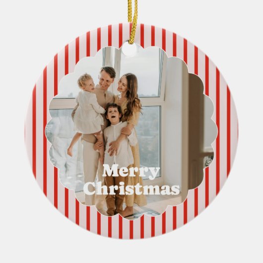 Kerstmis Rood Gestreept Retro 2 Foto Ornament (Voorkant)