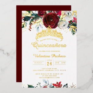 Kerstmis Rood Goud Festieve Gebladerte Quinceanera Folie Uitnodiging