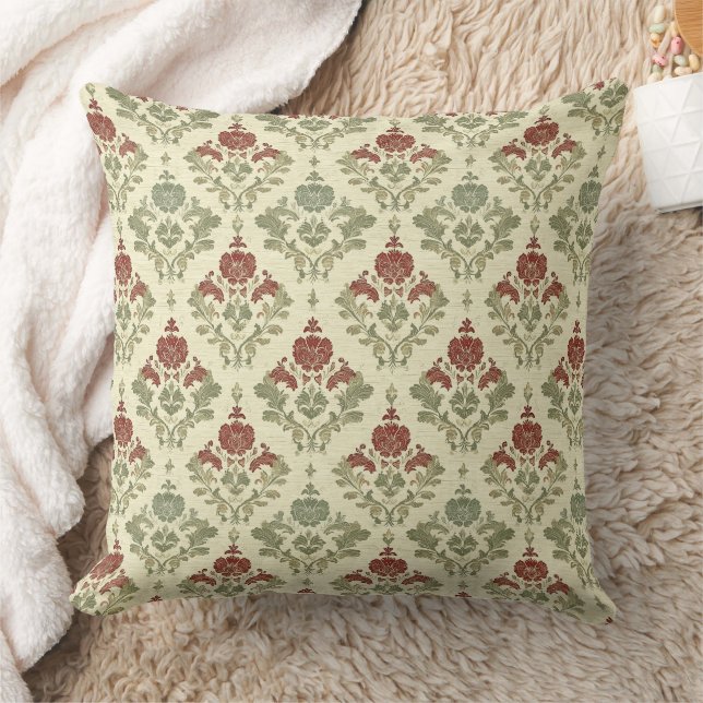 Kerstmis Rood Groen Beige Vintage Damast Kussen (Deken)