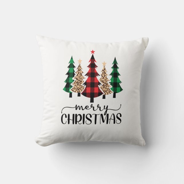 Kerstmis Rood Groen en Zwart Geruit Bomen Kussen (Voorkant)