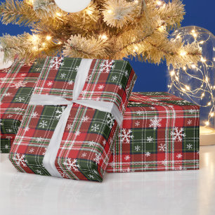 Kerstmis Rood Groen Geruit met Witte Sneeuwvlokken Cadeaupapier
