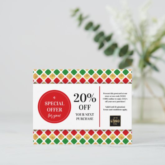 Kerstmis rood groen goud coupon korting briefkaart (Staand voorkant)