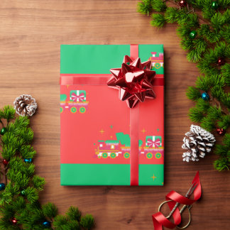 Kerstmis Rood & Groen Met Treinen. Kerstman Cadeaupapier