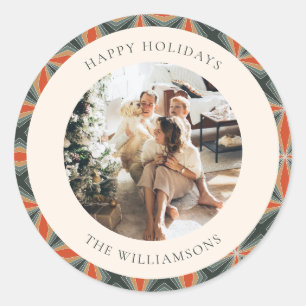 Kerstmis Rood Groen Mid Century Geometrische Foto Ronde Sticker
