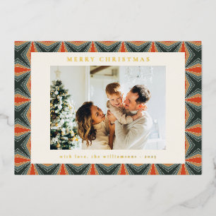 Kerstmis Rood Groen Mid Century Retro Foto Goud Folie Feestdagenkaart