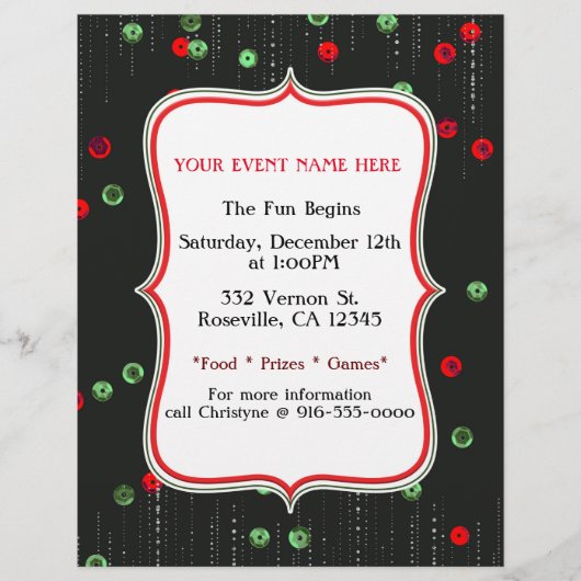 Kerstmis Rood & Groen Pailletten Feest Flyer (Voorkant)