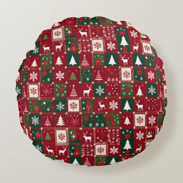 Kerstmis Rood Raster Festive Vakantie Patroon Rond Kussen (Voorkant)