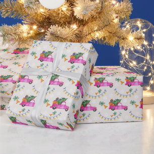Kerstmis Rood Roze Truck Met Boom En Wensen Cadeaupapier
