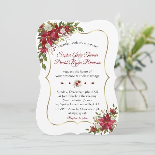Kerstmis Rood Wit Poinsettia Goud Marine Huwelijk Kaart (Staand voorkant)