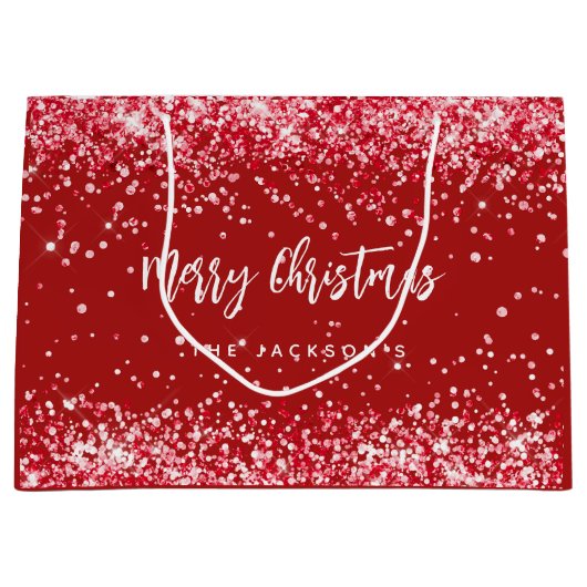 Kerstmis rood wit sprankelt naam groot cadeauzakje (Voorkant)