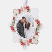 Kerstmis Rood & Witte Bloemen Foto Vierkant Ornament Kaart (Links)