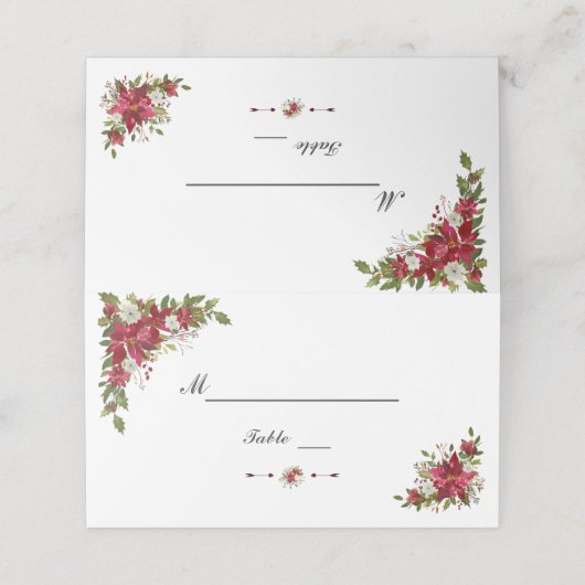Kerstmis Rood Witte Poinsettia Bruiloft Tafel Numm Plaatskaartje (Buitenkant ongevouwen)