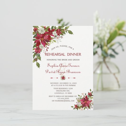 Kerstmis Rood Witte Poinsettia Oefenavond Eten Kaart (Staand voorkant)
