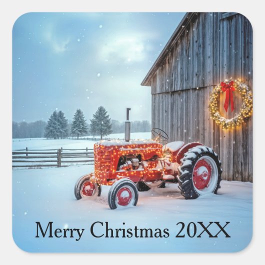 Kerstmis Roode Boerentractor in de Sneeuw Vierkante Sticker (Voorkant)
