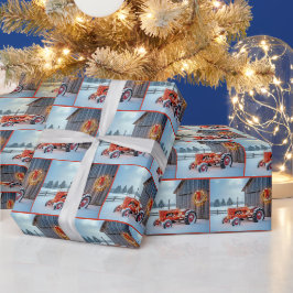 Kerstmis Roode Boerentractor In Sneeuw Cadeaupapier