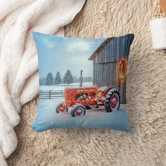 Kerstmis Roode Boerentractor In Sneeuw Kussen (Deken)