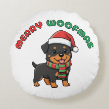 Kerstmis Rottweiler Ronde Kussen: Prettig Woofmas