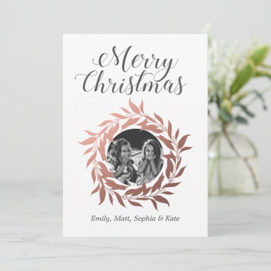 Kerstmis Roze Gouden Krans Foto Feestdagenkaart (Staand voorkant)