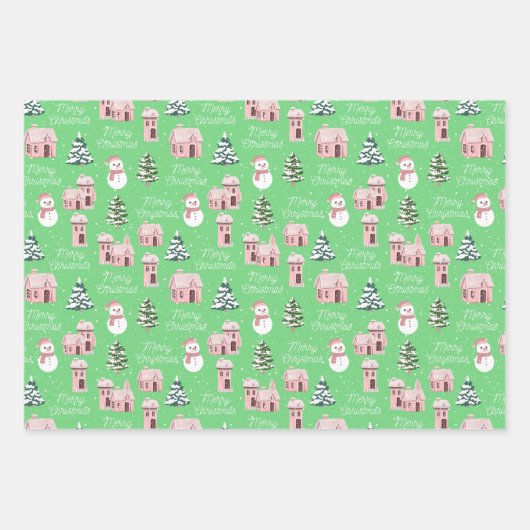 Kerstmis roze huisje dennenboom besneeuwd winter inpakpapier vel (Voorkant 3)