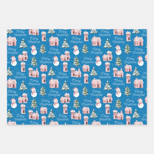 Kerstmis roze huisje dennenboom besneeuwd winter inpakpapier vel (Voorkant 2)