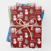 Kerstmis roze huisje dennenboom besneeuwd winter inpakpapier vel (In situ)