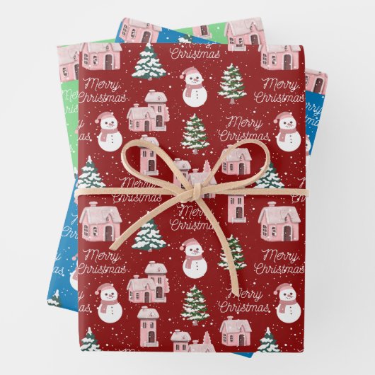 Kerstmis roze huisje dennenboom besneeuwd winter inpakpapier vel (In situ)