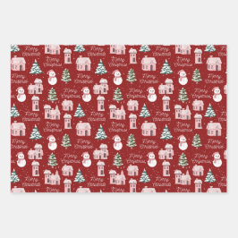 Kerstmis roze huisje dennenboom besneeuwd winter inpakpapier vel