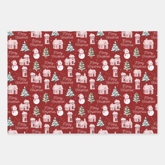 Kerstmis roze huisje dennenboom besneeuwd winter inpakpapier vel (Voorkant)