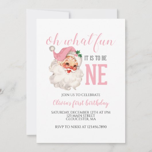 Kerstmis Roze Kerstman Eerste Verjaardag Kaart (Voorkant)