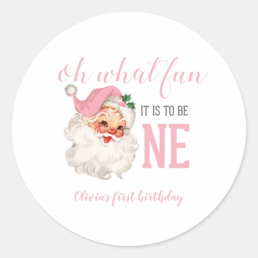 Kerstmis Roze Kerstman Eerste Verjaardag Ronde Sticker (Voorkant)