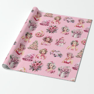 Kerstmis roze Pin-Up Doll, het Ontwerp van de boom Cadeaupapier