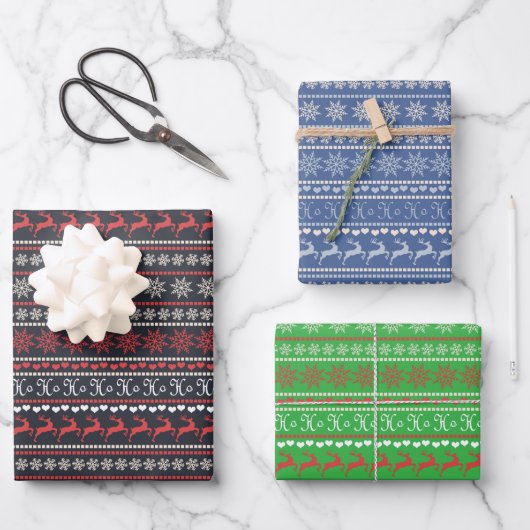 Kerstmis Rudolph Snowflake Blue Green Red Holiday Inpakpapier Vel (Voorkant)