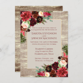 Kerstmis Rustic Boho Floral Burgundy Gold Burlap Kaart