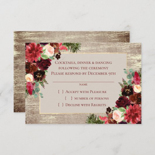 Kerstmis Rustic Boho Floral Burgundy Gold Burlap RSVP Kaartje (Voorkant / Achterkant)