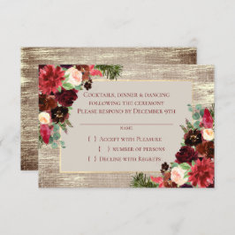 Kerstmis Rustic Boho Floral Burgundy Gold Burlap RSVP Kaartje