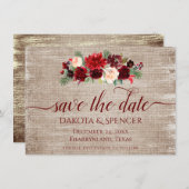 Kerstmis Rustic Boho Floral Burgundy Gold Burlap Save The Date (Voorkant / Achterkant)