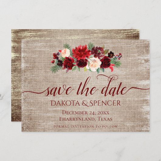 Kerstmis Rustic Boho Floral Burgundy Gold Burlap Save The Date (Voorkant / Achterkant)