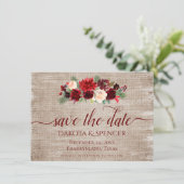 Kerstmis Rustic Boho Floral Burgundy Gold Burlap Save The Date (Staand voorkant)