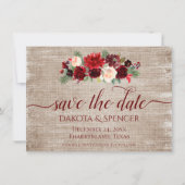 Kerstmis Rustic Boho Floral Burgundy Gold Burlap Save The Date (Voorkant)