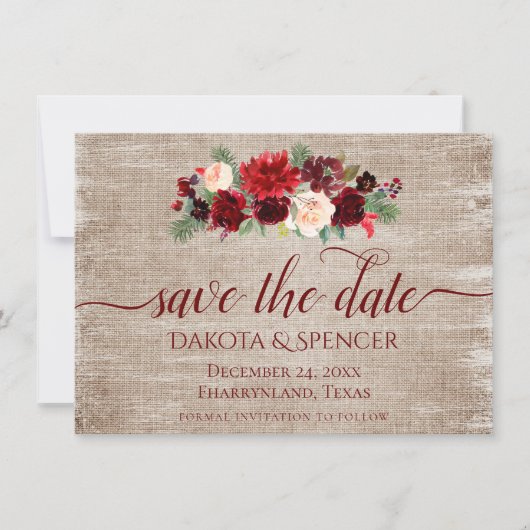 Kerstmis Rustic Boho Floral Burgundy Gold Burlap Save The Date (Voorkant)