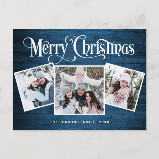 Kerstmis Rustic Wood 3 PHOTO Greeting Holiday Briefkaart (Voorkant)