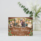 Kerstmis Rustic Wood 3 PHOTO Greeting Holiday Briefkaart (Staand voorkant)