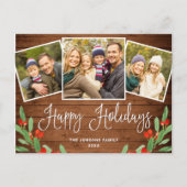 Kerstmis Rustic Wood 3 PHOTO Greeting Holiday Briefkaart (Voorkant)