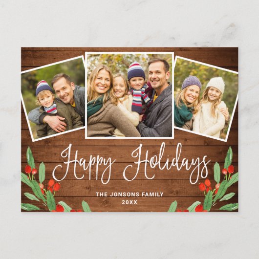 Kerstmis Rustic Wood 3 PHOTO Greeting Holiday Briefkaart (Voorkant)