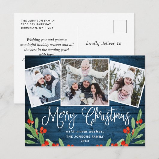 Kerstmis Rustic Wood 3 PHOTO Greeting Holiday Briefkaart (Voorkant / Achterkant)