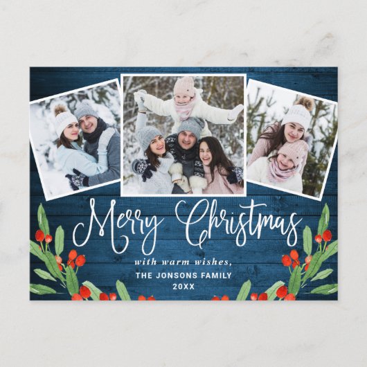 Kerstmis Rustic Wood 3 PHOTO Greeting Holiday Briefkaart (Voorkant)