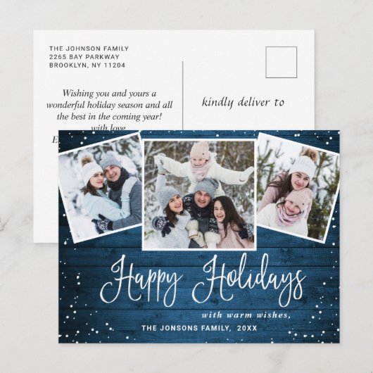 Kerstmis Rustic Wood 3 PHOTO Greeting Holiday Briefkaart (Voorkant / Achterkant)